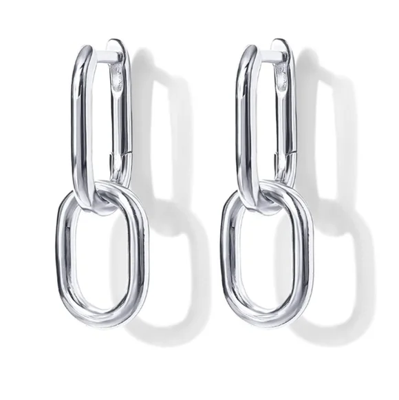 14K White Gold Plated Huggie Chain Link Drop Dangle Hoop Earrings - Picture 2 of 5
